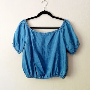 Madewell indigo blue chambray off-the-shoulder bubble top